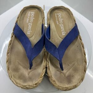 Pedro Garcia Blue Raffia Espadrilles with Tan Footbed Size 6.5 US/ 36.5EU